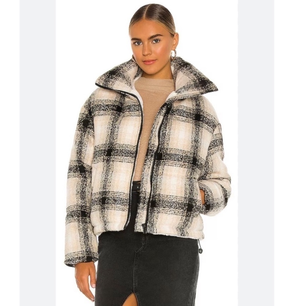 Apparis Marianny Plaid Print Cropped Puffer Coat sz: S Black Cream Short Jacket